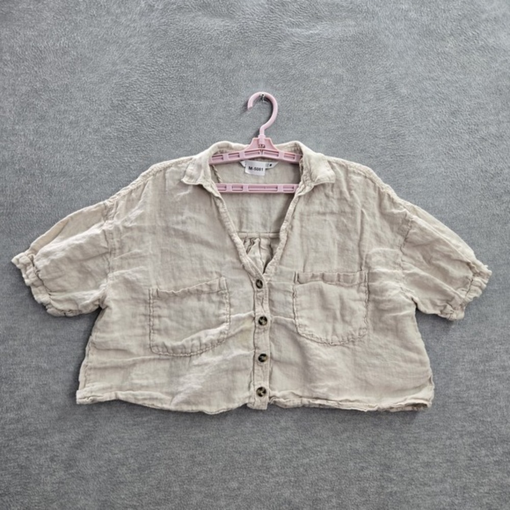 Zara Women Blouse L Beige Cropped Linen Button Up Collared Front Pockets READ